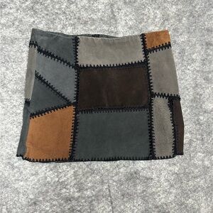 Zara Mini Skirt Medium Brown Gray Patchwork Boho Retro 70s Mod Whipstitch